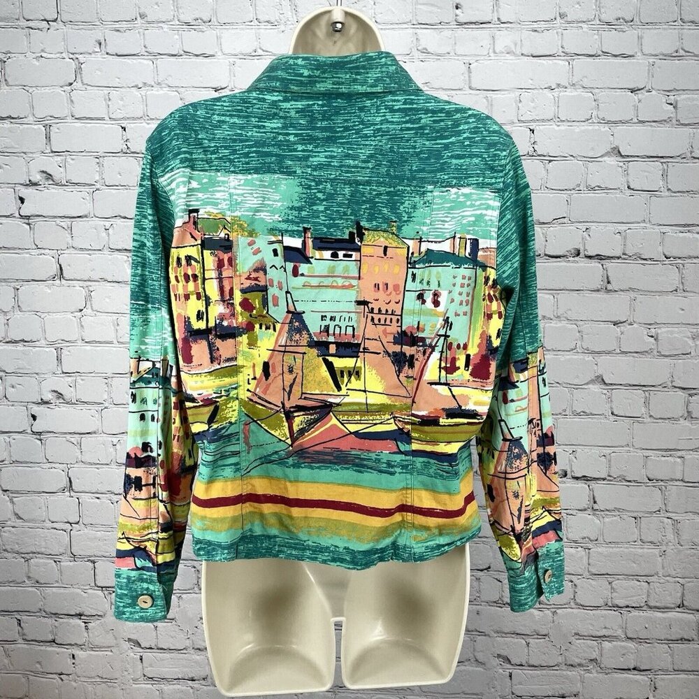 Jane Ashley Green 100% Cotton Sailboat Print Button Up Long Sleeve Size Medium M - Picture 2 of 8